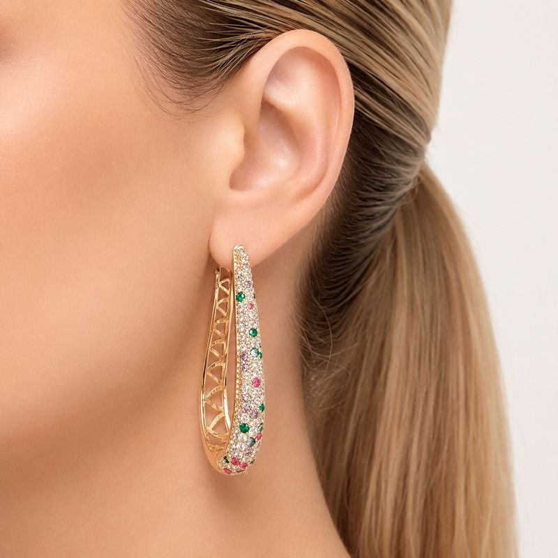 ARGOLA GOTA BANHADA EM OURO 18K CRAVEJADA C/ PEDRAS COLORIDAS