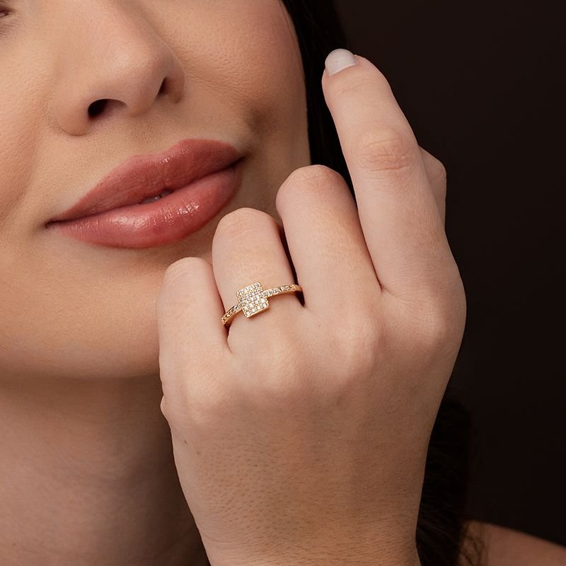 CONJUNTO BRACELETE E ANEL FORMATO QUADRADO COM PEDRAS DE ZIRCÔNIA 