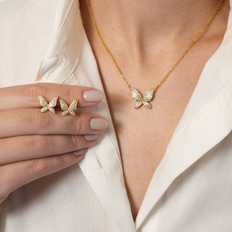 CONJUNTO COLAR ELOS FINOS PINGENTE BORBOLETA E BRINCO