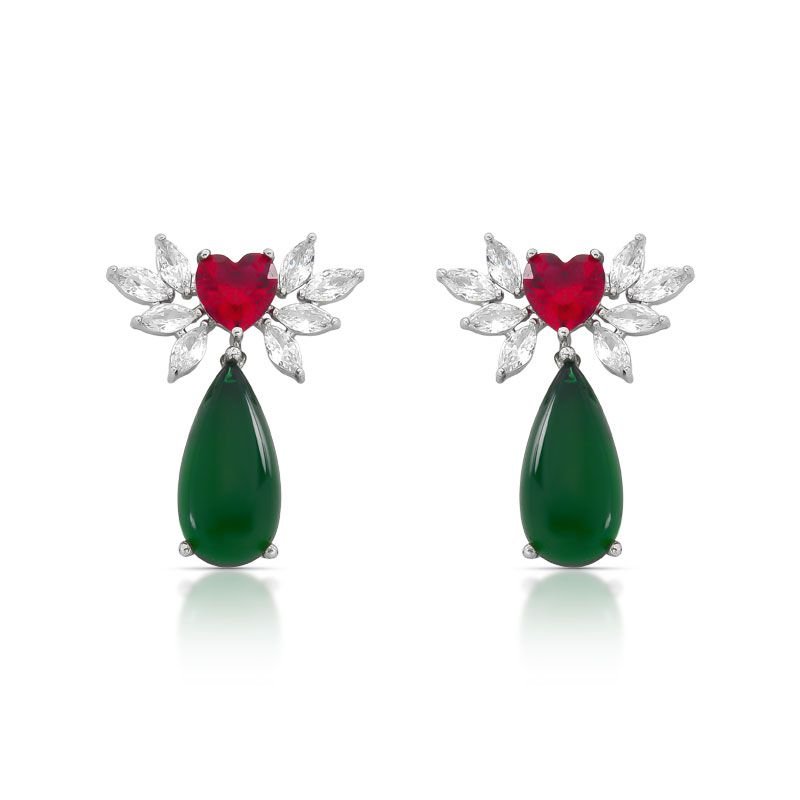 CONJUNTO COLAR E BRINCO CORAÇÃO GOTA COM PEDRAS CRAVEJADAS