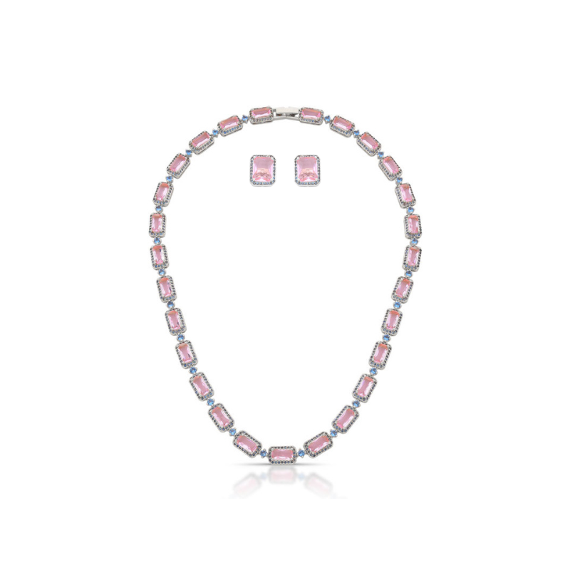 KIT COLAR & BRINCO COM PEDRAS ROSAS CRAVEJADAS BANHADO EM OURO 18K