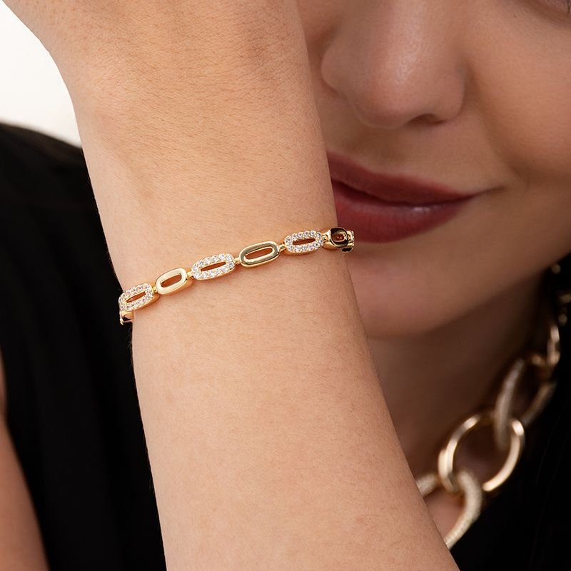 PULSEIRA ELOS OVAIS COM PEDRAS CRAVEJADAS - 19,5 CM